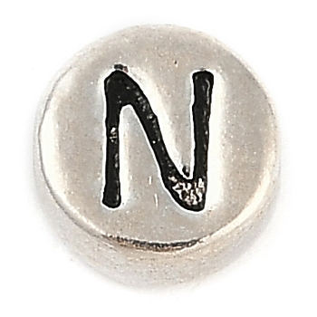 925 Sterling Silver Flat Round with Letter Beads, with 925 Stamp, Antique Silver, Letter N, 6.5x3mm, Hole: 1.2mm