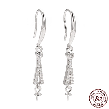 Rhodium Plated 925 Sterling Silver Earring Hooks, with Clear Cubic Zirconia, for Half Drilled Beads, Platinum, 35mm, 21 Gauge, Pin: 0.7mm and 0.6mm, Tray: 6x3mm