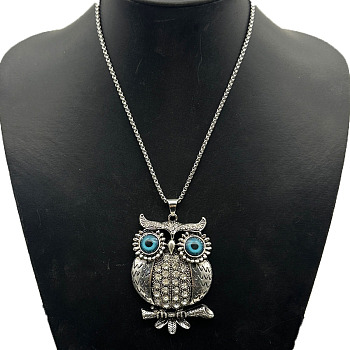 Alloy Rhinestone Pendant Necklaces, Platinum, Owl