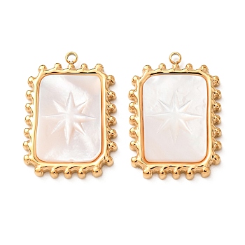 304 Stainless Steel Pendants, with Shell, Rectangle Charms, Golden, 25x17.5x3.5mm, Hole: 1.5mm