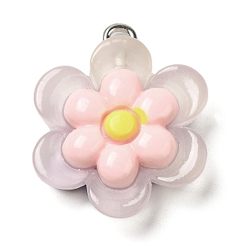 Translucent Resin Pendants, Sunflower Charms with Platinum Plated Iron Loops, Lilac, 24x19x6mm, Hole: 2mm