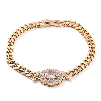 Cubic Zirconia Link Bracelet with Golden Brass Curb Chains, Long-Lasting Plated, Oval, 7-3/4 inch(19.8cm)