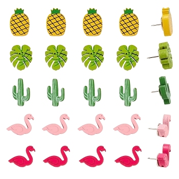 Plants and Animals Wood Push Pins, with Iron Pins, for Photos Wall, Maps, Bulletin Board or Corkboards, Mixed Color, 18.8~24x14.5~20.5mm, Hole: 1.8~2mm, Pin: 1mm, 60pcs/set