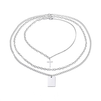 304 Stainless Steel Pendant Necklaces Sets, with 201 Stainless Steel Pendants, Cable Chains, Curb Chains and Lobster Claw Clasps, Rectangle and Cross, Stainless Steel Color, 17.1~25.9 inch(43.5~66cm), 4mm, 3pcs/set