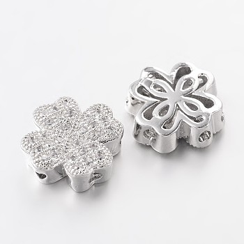 Brass Micro Pave Cubic Zirconia Beads, Clover, Lead Free & Nickel Free, Platinum, 10x10x4mm, Hole: 1mm