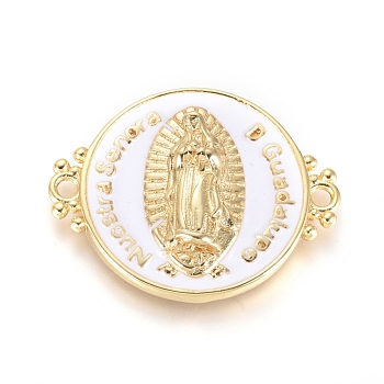 Brass Links connectors, with Enamel, Long-Lasting Plated, Flat Round with Virgin Mary, Golden, White, 21x26x4mm, Hole: 1.6mm