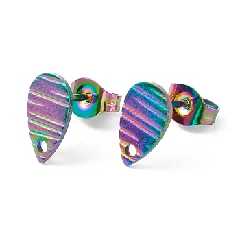 Ion Plating(IP) 304 Stainless Steel Stud Earring Findings, Textured Teardrop, Rainbow Color, 10x6mm, Pin: 0.7mm