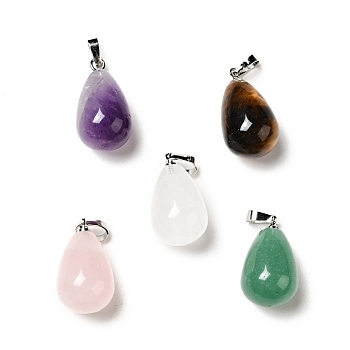 Natural Mixed Stone Pendants, with Platinum Tone Brass Findings, Teardrop Charm, 20~21x11~12mm, Hole: 6x3.5mm