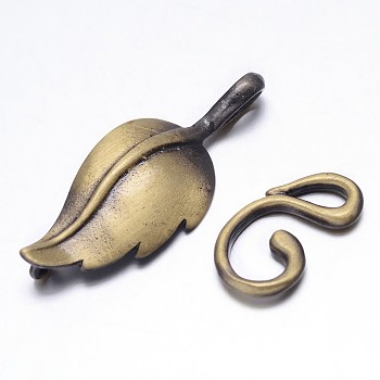 Brass Leaf Hook Clasps, For Leather Cord Bracelets Making, Brushed Antique Bronze, Leaf: 33x13x3mm, Hook: 17x10x2mm, Hole: 1mm and 3x3mm
