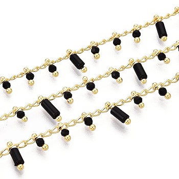 Brass Curb Chains, with Natural Black Agate & Glass, Soldered, with Spool, Long-Lasting Plated, Golden, Soldered, 8~9x2~2.5mm