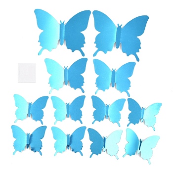 3D PLastic Mirror Wall Stickers, with Adhesive Tape, for Home Living Room Bedroom Wall Decorations, Butterfly, Deep Sky Blue, 52~91x63~107x0.2mm, 12pcs/set