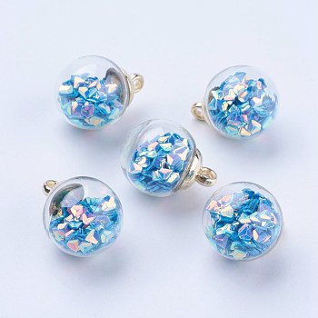 Glass Ball Pendants, with CCB Plastic, Round, Golden, Sky Blue, 21x16mm, Hole: 2mm