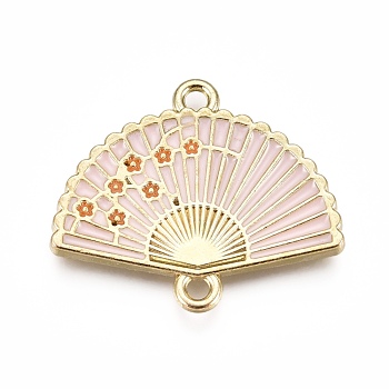 Alloy Links, with Enamel, Folding Fan with Plum Blossom, Light Gold, Pink, 20x23.5x2mm, Hole: 1.5mm