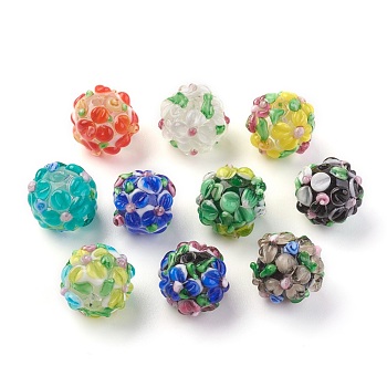 Handmade Lampwork Beads, Rondelle with Flower, Bumpy, Mixed Color, 14~15x12~13mm, Hole: 1.5~1.8mm
