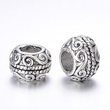 Alloy European Beads, Rondelle, Large Hole Beads, Antique Silver, 10.5x7.5mm, Hole: 5mm