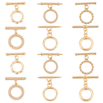 Elite 12Pcs 6 Styles Brass Toggle Clasps, Ring, Real 18K Gold Plated, 15.5~19x13~15x2mm, Hole: 1~2mm, 2pcs/style