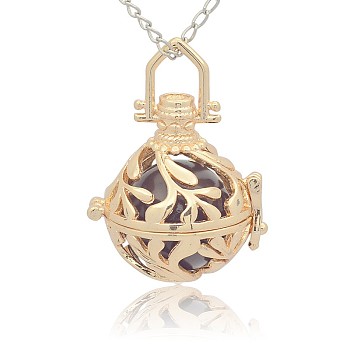 Golden Tone Brass Hollow Round Cage Pendants, with No Hole Spray Painted Brass Round Ball Beads, DarkSlate Blue, 36x25x21mm, Hole: 3x8mm