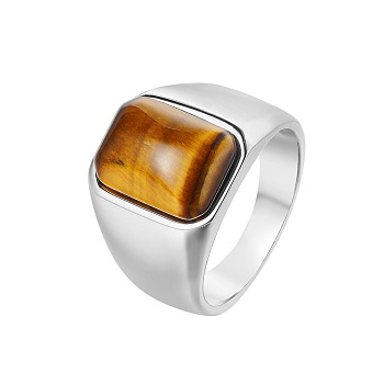 Rectangle Natural Tiger Eye Finger Ring, Stainless Steel Jewelry, Stainless Steel Color, Inner Diameter: 17.4mm