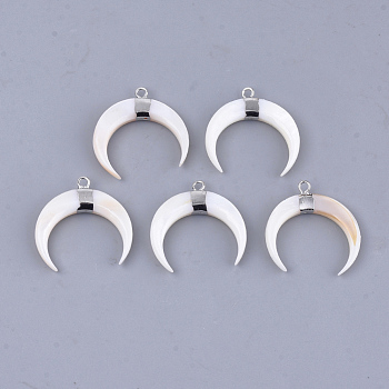 Freshwater Shell Pendants, with Brass Findings, Double Horn/Crescent Moon, Platinum, 25~26x25x4mm, Hole: 1.8mm