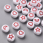 White Opaque Acrylic Beads, Flat Round with Heart & Flower & Moon & Star, FireBrick, 7x4mm, Hole: 1.6mm(MACR-N008-41D)