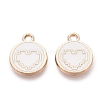 Alloy Enamel Pendants, Rack Plating, Flat Round & Heart Charms, Golden, White, 13.5x11x1.5mm, Hole: 1.6mm(ENAM-Q002-01G-01)