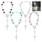4Pcs 4 Colors Cross with Jesus Alloy Charm Bracelets, Round Glass Beaded Bracelets for Women, Mixed Color, 9 inch(22.7cm), 1pc/color(BJEW-DC0001-10)