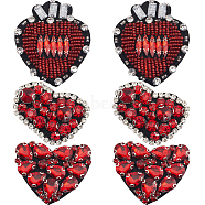 6Pcs 3 Style Heart Shape Alloy Rhinestone Embroidery Thread Sew Cloth, with Beads, Cloth Accessories, Appliques, Red, 42~61x49~51x7~10mm(DIY-GF0009-55)