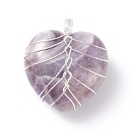 Natural Amethyst Pendants, with Copper Wire, Heart, 34x30x18mm, Hole: 6mm(PALLOY-JF01283-05)