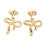 304 Stainless Steel Dangle Stud Earrings, Bowknot with Heart, Real 14K Gold Plated, 26.5x19mm(EJEW-H115-06G)