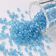 8/0 Round Glass Seed Beads, Transparent Colours Rainbow, Round Hole, Aqua, 8/0, 3mm, Hole: 1mm, about 1111pcs/50g, 50g/bag, 18bags/2pounds(SEED-US0003-3mm-163)