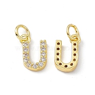 Real 18K Gold Plated Brass Micro Pave Clear Cubic Zirconia Charms, with Jump Ring, Letter.U, 12x7x2.5mm, Hole: 3.4mm(KK-E068-VB452-U)