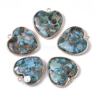 Assembled Synthetic Gold Line Regalite/Imperial Jasper/Sea Sediment Jasper Pendants, with Edge Golden Plated Brass Findings, Dyed, Heart, Light Sky Blue, 27~28x26x6mm, Hole: 2mm(G-S366-037A)