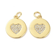 Brass Cubic Zirconia Pendants, with Jump Ring, Long-Lasting Plated, Lead Free & Cadmium Free, Flat Rounnd with Heart Pattren, Real 18K Gold Plated, 15.7x13.7x1.7mm(ZIRC-C022-41G)