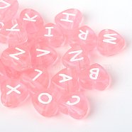 Transparent Acrylic Heart Horizontal Hole Letter Beads, Pink, 10.5x11.5x4.5mm, Hole: 2mm, about 1300pcs/500g(TACR-Q101-01A)