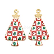 Christmas Theme Rack Plating Alloy Pendants, with Enamel, Golden, Christmas Trees Charm, Tomato, 31x17x1.5mm, Hole: 1.8mm(FIND-M020-02D-G)