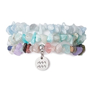 3Pcs 3 Styles Natural Aquamarine & Flower Amazonite Chips Stretch Bracelets Sets, Stackbale Bracelets with 304 Stainless Steel Charms, Aquarius, Inner Diameter: 2-1/8 inch(5.5cm), 1Pc/style(BJEW-JB11076-01)