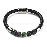 Natural Ruby in Zoisite Round Bead Braided Leather Cord Bracelets for Men Women, with Ion Plating(IP) 304 Stainless Steel Magnetic Clasps, 8-1/4 inch(21cm)(BJEW-A009-11P-09)