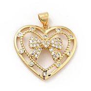 Rack Plating Brass Micro Pave Clear Cubic Zirconia Pendants, Long-Lasting Plated, Lead Free & Cadmium Free, Heart with Bowknot, Real 18K Gold Plated, 23x24.5x5mm, Hole: 3.5x4mm(ZIRC-F129-42G)