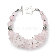 Natural Rose Quartz Chips Beaded Bracelets, with Flower Tibetan Style Alloy Clasps, 7-1/2 inch(19cm)(BJEW-TA00424)