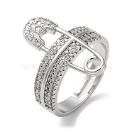 Safety Pin Shape Brass Crystal Rhinestone Adjustable Rings for Women, Platinum, Inner Diameter: 18mm(RJEW-P112-01P)