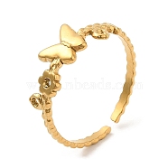 304 Stainless Steel Hollow Flower with Butterfly Open Cuff Rings for Women, Real 18K Gold Plated, Inner Diameter: 17mm(STAS-D085-05G)