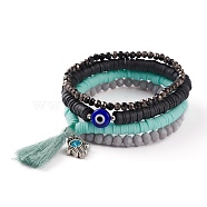 4Pcs 4 Styles Stretch Bracelets Sets, Stackable Bracelets, with Polymer Clay Heishi Beads, Glass Beads, Evil Eye Lampwork Beads and Cotton Tassels, Antique Silver, Mixed Color, Inner Diameter: 2~2-1/4 inch(5~5.7cm), 1pc/style(BJEW-JB05896)
