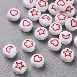 White Opaque Acrylic Beads, Flat Round with Heart & Flower & Moon & Star, FireBrick, 7x4mm, Hole: 1.6mm(MACR-N008-41D)