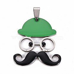 201 Stainless Steel Enamel Pendants, Human with Mustache and Hat, Green, 35x31.5x2mm, Hole: 8x4mm(STAS-S110-076E)