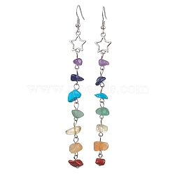 Chakra Theme Natural & Synthetic Gemstone Chip Dangle Earrings, Hollow Alloy Earrings for Women, Star, 110x12mm(EJEW-JE05629-01)