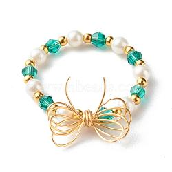 Imitate Austrian Crystal Bicone Glass Beaded Finger Rings, with Round Shell Pearl Beads and 304 Stainless Steel Round Beads, Eco-Friendly Copper Wire, Bowknot, Real 18K Gold Plated, Green, US Size 9(18.9mm)(X1-RJEW-TA00003-02)