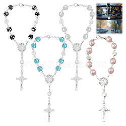 4Pcs 4 Colors Cross with Jesus Alloy Charm Bracelets, Round Glass Beaded Bracelets for Women, Mixed Color, 9 inch(22.7cm), 1pc/color(BJEW-DC0001-10)