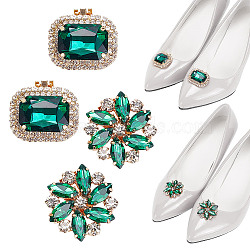 2 Pairs 2 Styles Rectangle/Flower Brass Glass Rhinestone Shoe Decorations, Detachable Iron Shoe Buckle Clips, Emerald, 30~32x34.5~35x10~13mm, 1 pair/style(AJEW-AR0001-81A)