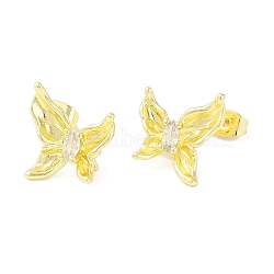 Brass Pave Clear Cubic Zirconia Stud Earring Findings, Butterfly, Real 14K Gold Plated, 15x13.5mm, Pin: 0.5mm and 1mm(KK-F875-06G)