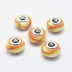 Handmade Polymer Clay European Beads, with Silver Color Plated Brass Cores, Large Hole Beads, Rondelle, Gold, 13~16x8~11mm, Hole: 4.5~5mm(CLAY-K002-C16)